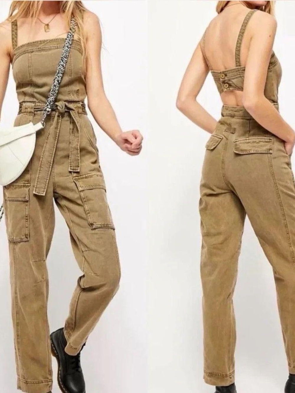 Free People Khaki Utility Cargo Jumpsuit - Strap Belted